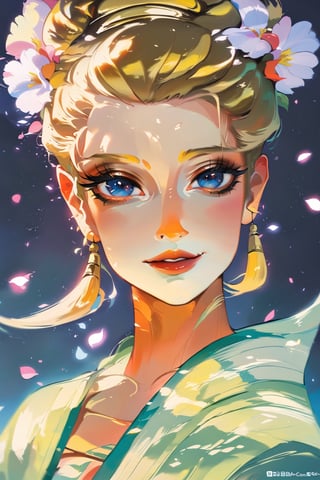 A beautiful flirtatiously smiling woman, a very busty ronin wearing gold lace kimono, Meiji restoration, blue eyes, yojimbo, cleavage, bare shoulders, masterpiece, best quality, extremely delicate and beautiful, highres, original, intricate hairstyle, a view from the side and above, large anime eyes, realistic eyes, highly detailed eyes, natural skin, natural skin texture, subsurface scattering, muted colors, skin pores, perfect face, perfect eyes, perfect full lips, supple female form, vivid, cinematic, Film light,painted world, K-Eyes, colorful splashes