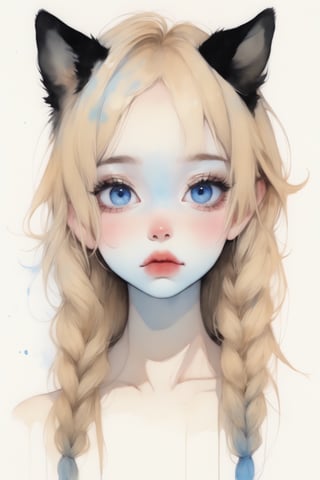 (in the style of Conrad Roset, Nicola Samori), ultra realistic, (arbitrarily beautiful:1.4), full body, sexy female, (blonde, long braids, cat ears), (blue eyes:1.2), more detail XL,K-Eyes,dramaticwatercolor