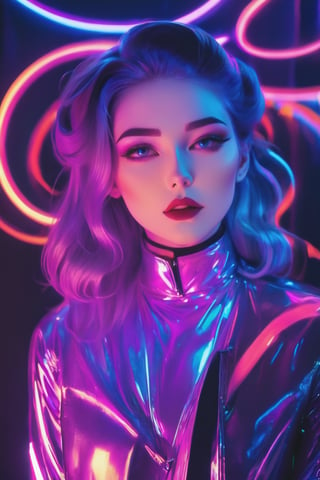 The model girl stands as a beacon of Synthwave, her form a harmonious blend of holographic layers and gothic contours, outlined in vibrant neon.,neon photography style, Gothic background and lights dimmed,K-Eyes
