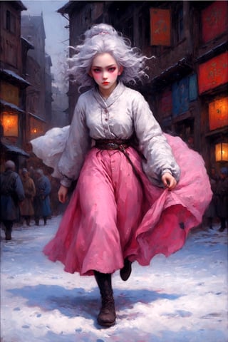 full-length portrait, a beautiful drow girl, detailed illustration of (The snow-white scribe) girl with (mother of pearl) eyes, (pearl hair color), stylish, pink tones, overly detailed, accent on the face, urban environment, anime style from MSchiffer, bright colors, high saturation, medium frame, different composition, extremely detailed, high resolution, high detail, illustration, masterpiece,digital painting, art, K-Eyes,K-Eyes,action shot,digital artwork by Beksinski