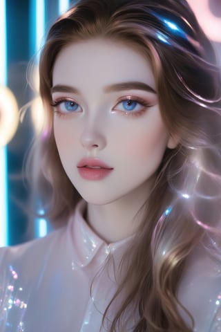 portrait, A young model, a stunning girl with big bright eyes, with long straight brown hair, dressed in mother-of-pearl white clothes that shimmer like a translucent neon sign, causing a feeling of light, renewal and brightness - the style of neon photography, a face made of fine porcelain like a vintage doll, light pink and blue veins are visible, gentle make-up on the face, iridescent glitters on the eyelids and lips, K-Eyes