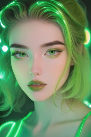 A young model, stunning girl wears a shade of green that shimmers like a translucent neon sign, evoking feelings of growth, renewal, and vibrancy,neon photography style, K-Eyes