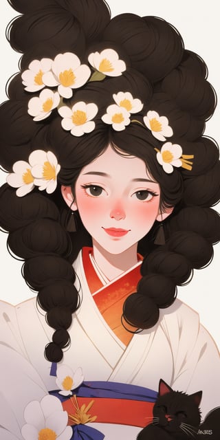 (full body portrait of a Japanese girl in the style of Conrad Roset, Nicola Samori), (extra long shiny black curly hair, cat ears), (pure white kimono:1.6), light smile, more detail XL,K-Eyes