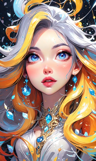 (full body), splash art, a close up liquid luminous lady made of colors, golden, white pastel blue silver, filigree, filigree detailed, color drops, coloe waves, splash style of colorful paint, hyperdetailed intricately detailed, unreal engine, fantastical, intricate detail, splash screen, complementary colors, fantasy, concept art, 8k resolution, deviantart masterpiece, oil painting, heavy strokes, paint dripping, splash arts, fantasy art, by Yanjun Cheng, guweiz, by atey ghailan, Greg Rutkowski, greg tocchini, Sakimichan, Bowater, artgerm, wlop. concept art, centered composition perfect composition, fantasy creature, beautiful view, motion blur, brushstrokes, concept art, centered, intricated pose, intricated, K-Eyes