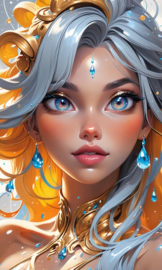 splash art, a close up liquid luminous lady made of colors, golden, white pastel blue silver, filigree, filigree detailed, color drops, coloe waves, splash style of colorful paint, hyperdetailed intricately detailed, unreal engine, fantastical, intricate detail, splash screen, complementary colors, fantasy, concept art, 8k resolution, deviantart masterpiece, oil painting, heavy strokes, paint dripping, splash arts, fantasy art, by Yanjun Cheng, guweiz, by atey ghailan, Greg Rutkowski, greg tocchini, Sakimichan, Bowater, artgerm, wlop. concept art, centered composition perfect composition, centered, intricated pose, intricated,K-Eyes