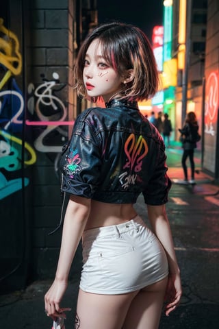 (Masterpiece:1.2, high quality), (ultra detailed background and character:1.4), (illustration), (graffiti_style:1.5), (multicolored drawing:1.8), (Black hair, bobcut), (from_Backside, from_above), ((portrait)), 1girl, Multiple earrings, (choker), wind, A mixed media piece featuring a high school girl on a rooftop, looking out at the town that spreads out in front of her. The piece combines painting and collage, with the vibrant colors of the city reflected in the girl clothing and hair. The girl profile is rendered in bold lines, emphasizing her youth and vitality against the urban backdrop. The mixed media aspect of the piece adds texture and depth, giving the image a sense of movement and life. (neon:1.3), neon sign,
27 year old korean girl, korean pop idol style, beautiful face,Realism