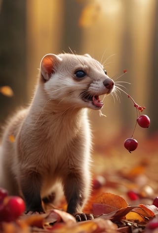 a weasel, withered fruit, blowing autumn leaves, in autumn cherry forest, smoke, sandstorm, flying leaves, dust explosion, wind, motion blur, realistic, shot on a RED digital cinematic camera, Sigma 85mm f/1.4