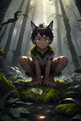 (masterpiece, best quality:1.4), (extremely detailed, 8k, uhd), fantasy art, natural lighting, ultra highres, atmospheric forest setting, mysterious lighting, (wild, feral, ambiguous:1.2), (sharp focus, from front:1.3), 1boy, called the Wild Child, (human child:2.1), 10 years olds, like Donkey Skin but with a wolf-skin, a mysterious human child figure with tousled hair, clad in tattered clothing and adorned with a wolf pelt, (wolf pelt:1.5), uncertain demeanor, (fantastical, enigmatic, untamed:1.2), (detailed features, wolf-like characteristics:1.3), (expressive eyes, mysterious gaze, unreadable:1.3), sin a crouched position with hands touching the ground, urrounded by the ancient trees of the enchanted forest, a hint of moonlight filtering through the foliage, conveying an aura of mystery, (feral stance:0.5), (forest floor, leaves, moss, and magical glow:1.6), (neutral expression, neither good nor evil), intricate details, (depth of field, ethereal atmosphere), nighttime, enchanting artwork, detailed background, fantasy realism, hyper-detailed,best quality