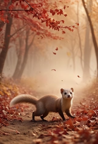 a weasel, blowing autumn leaves, in autumn cherry forest, smoke, sandstorm, flying leaves, dust explosion, wind, motion blur, realistic, shot on a RED digital cinematic camera, Sigma 85mm f/1.4