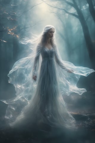 (masterpiece, best quality:1.4), (extremely detailed, 8k, uhd), fantasy art, natural lighting, ultra highres, dark yet benevolent forest setting, mysterious lighting, (transparent, ethereal, benevolent:1.2), (sharp focus:1.3), 1character, the Gentle Ghost, a transparent and kind female spirit, brunette, cute, (transparent:2.3), veil, veil on face, gentle, peacefully haunting a dark yet benevolent forest, (gentle posture, serene expression:1.2), (detailed features, ethereal presence:1.6), (soft and kind eyes, calming gaze:1.3), (surrounded by the subtle glow of fireflies and other ghostly elements:1.2), (floating stance:1.3), (soft moonlight filtering through the trees:1.6), (flowing, ethereal garments:1.3), intricate details, (depth of field, tranquil atmosphere), nighttime, enchanting forest, detailed background, fantasy art, hyper-detailed,ice and water