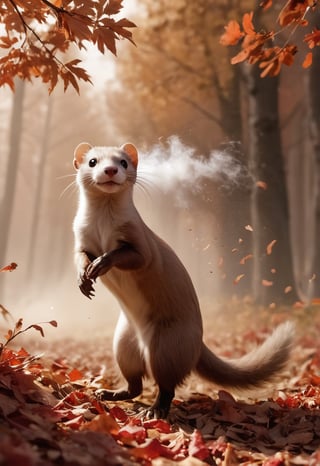a weasel, blowing autumn leaves, in autumn cherry forest, smoke, sandstorm, flying leaves, dust explosion, wind, realistic, shot on a RED digital cinematic camera, Sigma 85mm f/1.4