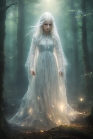 (masterpiece, best quality:1.4), (extremely detailed, 8k, uhd), fantasy art, natural lighting, ultra highres, dark yet benevolent forest setting, mysterious lighting, (transparent, ethereal, benevolent:1.2), (sharp focus:1.3), 1character, the Gentle Ghost, a transparent and kind female spirit, brunette, cute, (transparent:2.3), veil, veil on face, gentle, peacefully haunting a dark yet benevolent forest, (gentle posture, serene expression:1.2), (detailed features, ethereal presence:1.6), (soft and kind eyes, calming gaze:1.3), (surrounded by the subtle glow of fireflies and other ghostly elements:1.2), (floating stance:1.3), (soft moonlight filtering through the trees:1.6), (flowing, ethereal garments:1.3), intricate details, (depth of field, tranquil atmosphere), nighttime, enchanting forest, detailed background, fantasy art, hyper-detailed