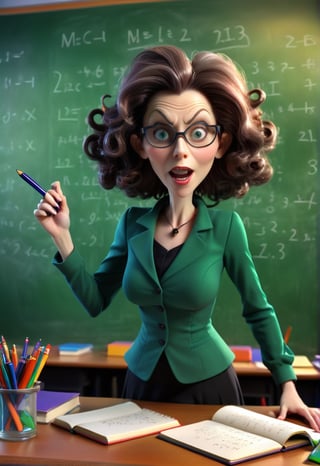 a severe wicked woman teacher on a 3D background with dynamic lighting, vibrant colors, and HDR effects. she brandished a pen in her hand, there are notebooks on the table, (the board is full of formulas:1.1). Classroom background with lot of school details, lot of school thing on the desk,realistic,more detail XL