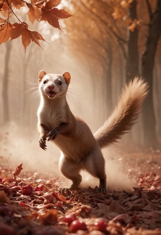 a weasel, blowing autumn leaves, in autumn cherry forest, smoke, sandstorm, flying leaves, dust explosion, wind, motion blur, realistic, shot on a RED digital cinematic camera, Sigma 85mm f/1.4