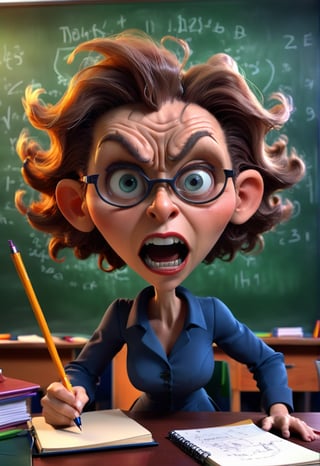 a severe wicked woman teacher on a 3D background with dynamic lighting, vibrant colors, and HDR effects. fury, big head, she brandished a pen in her hand, there are notebooks on the table, the board is full of formulas, Classroom background with lot of school details, lot of school thing on the desk