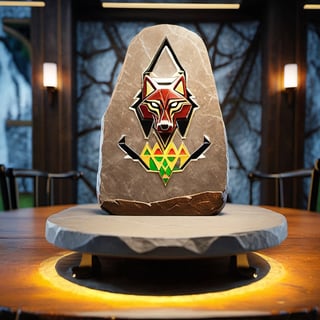 masterpiece, best quality, ultra quality, create magic wolf runestone, (wolf runestone:1.2), aestethic, minimalistic, majestic, shop background, levitating above a table in the shop