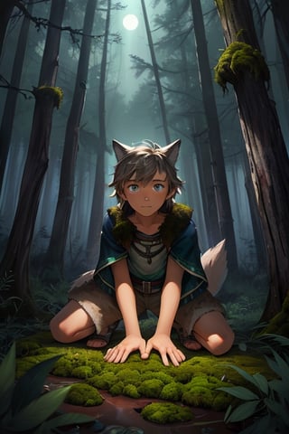 (masterpiece, best quality:1.4), (extremely detailed, 8k, uhd), fantasy art, natural lighting, ultra highres, atmospheric forest setting, mysterious lighting, (wild, feral, ambiguous:1.2), (sharp focus, from front:1.3), 1boy, called the Wild Child, (human child:2.1), 10 years olds, like Donkey Skin but with a wolf-skin, a mysterious human child figure with tousled hair, clad in tattered clothing and adorned with a wolf pelt, uncertain demeanor, (fantastical, enigmatic, untamed:1.2), (detailed features, wolf-like characteristics:1.3), (expressive eyes, mysterious gaze, unreadable:1.3), sin a crouched position with hands touching the ground, urrounded by the ancient trees of the enchanted forest, a hint of moonlight filtering through the foliage, conveying an aura of mystery, (feral stance:0.5), (forest floor, leaves, moss, and magical glow:1.6), (neutral expression, neither good nor evil), intricate details, (depth of field, ethereal atmosphere), nighttime, enchanting artwork, detailed background, fantasy realism, hyper-detailed,best quality