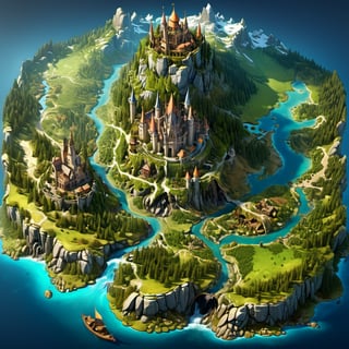 fantasy realm large-scale map in style of Gerard Mercator, several town, 1 castle, european era settlements, mix of different regions like winter and cold forest, swamp, roads, deserts and cave system, large statue and temple, old map, multiple routes visible, rounded corners, trending on artstation, intricate details, highly detailed, masterpiece, vivid colors, concept art,2d game scene,Visual Anime,more detail XL