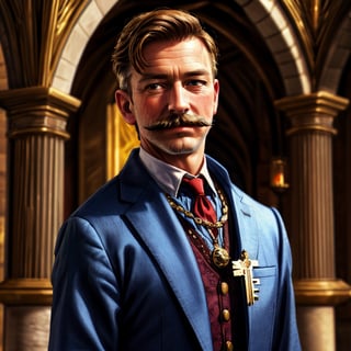 1 man, A dashing mayor, charming, 50 years old, charismatic pose, realistic photograph, royal portrait, moustache, inspired by classic fairy tales, regal features, medieval mayor attire, keys of the tow, elegant details, a backdrop of a grand palace interior, warm enchanting