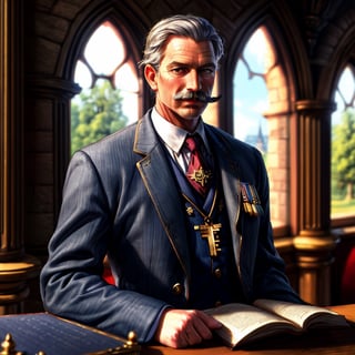 1 man, A dashing mayor, charming, 50 years old, gray hair, charismatic pose, realistic photograph, royal portrait, moustache, inspired by classic fairy tales, regal features, medieval mayor attire, keys of the tow, elegant details, a backdrop of a grand palace interior, warm enchanting, see a castle through the window