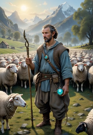 human shepherd wearing a big magic bioluminescent amulet. sheep in background. afternoon.

finely detailed, intricate design, beautiful, hyper realistic, acrylic, atmospheric colors, art station, hyper detailed intricately detailed, Splash art, centered, jean - baptiste monge style