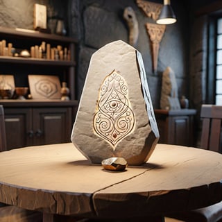 masterpiece, best quality, ultra quality, create magic wolf runestone, aestethic, minimalistic, simple, majestic, small, shop background, levitating above a table in the shop