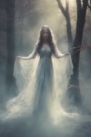 (masterpiece, best quality:1.4), (extremely detailed, 8k, uhd), fantasy art, natural lighting, ultra highres, dark yet benevolent forest setting, mysterious lighting, (transparent, ethereal, benevolent:1.2), (sharp focus:1.3), 1character, the Gentle Ghost, a transparent and kind female spirit, brunette, cute, (transparent:2.3), veil, veil on face, gentle, peacefully haunting a dark yet benevolent forest, (gentle posture, serene expression:1.2), (detailed features, ethereal presence:1.6), (soft and kind eyes, calming gaze:1.3), (surrounded by the subtle glow of fireflies and other ghostly elements:1.2), (floating stance:1.3), (soft moonlight filtering through the trees:1.6), (flowing, ethereal garments:1.3), intricate details, (depth of field, tranquil atmosphere), nighttime, enchanting forest, detailed background, fantasy art, hyper-detailed,ice and water