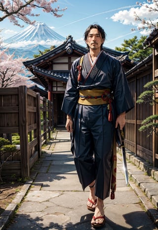 (masterpiece, best quality:1.4), (intricate, 8k, uhd), (realistic), (sharp focus), (extremely detailed), Ghibli,Miyazaki, anime, edo period, natural lighting, from front, full body,

A Japanese peasant man, situated in the picturesque landscapes of that era. (man:1.5), (viril:1.9), boy, (42 years old:1.3), (smile:0.6), black hair. badass. He wears a crafted traditional edo male attire, embodying both simplicity and viril. he wears a samurai katana sword. The character's deep brown eyes exude a sense of cultural pride and resilience. Authentic features capture the strength and dignity of Edo period life.

Surrounded by meticulously tended gardens, traditional tea houses, and the distant silhouette of Mount Fuji. the sky is a clear blue. The style is inspired by Studio Ghibli's Hayao Miyazaki.

The character may be engaged in a traditional or strolling along a tranquil pathway. The soft sunlight filters through the branches of cherry blossom trees, casting a subtle glow over the scene.
