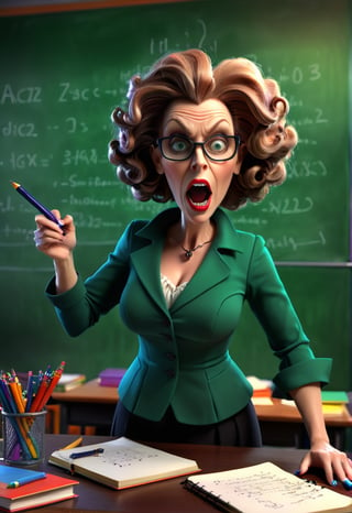 a severe wicked woman teacher on a 3D background with dynamic lighting, vibrant colors, and HDR effects. she brandished a pen in her hand, there are notebooks on the table, (the board is full of formulas:1.1), Classroom background with lot of school details, lot of school thing on the desk,realistic,more detail XL