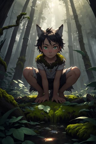 (masterpiece, best quality:1.4), (extremely detailed, 8k, uhd), fantasy art, natural lighting, ultra highres, atmospheric forest setting, mysterious lighting, (wild, feral, ambiguous:1.2), (sharp focus, from front:1.3), 1boy, called the Wild Child, (human child:2.1), 10 years olds, like Donkey Skin but with a wolf-skin, a mysterious human child figure with tousled hair, clad in tattered clothing and adorned with a wolf pelt, (wolf pelt:1.5), uncertain demeanor, (fantastical, enigmatic, untamed:1.2), (detailed features, wolf-like characteristics:1.3), (expressive eyes, mysterious gaze, unreadable:1.3), sin a crouched position with hands touching the ground, urrounded by the ancient trees of the enchanted forest, a hint of moonlight filtering through the foliage, conveying an aura of mystery, (feral stance:0.5), (forest floor, leaves, moss, and magical glow:1.6), (neutral expression, neither good nor evil), intricate details, (depth of field, ethereal atmosphere), nighttime, enchanting artwork, detailed background, fantasy realism, hyper-detailed,best quality