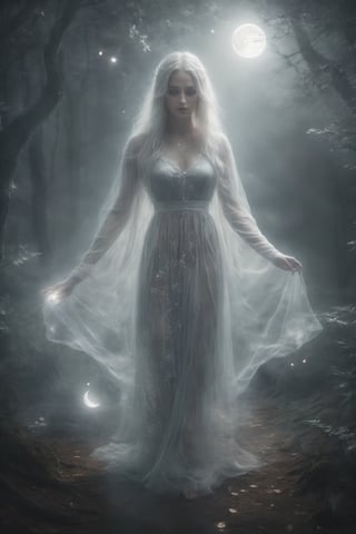 (masterpiece, best quality:1.4), (extremely detailed, 8k, uhd), fantasy art, natural lighting, ultra highres, dark yet benevolent forest setting, mysterious lighting, (transparent, ethereal, benevolent:1.2), (sharp focus:1.3), 1character, the Gentle Ghost, a transparent and kind female spirit, (transparent:1.3), (ghost:1.3), peacefully haunting a dark yet benevolent forest, (gentle posture, serene expression:1.2), (detailed features, ethereal presence:1.3), (soft and kind eyes, calming gaze:1.3), surrounded by the subtle glow of fireflies and other ghostly elements, (floating stance:0.5), (soft moonlight filtering through the trees:1.6), (flowing, ethereal garments:1.3), intricate details, (depth of field, tranquil atmosphere), nighttime, enchanting artwork, detailed background, fantasy realism, hyper-detailed