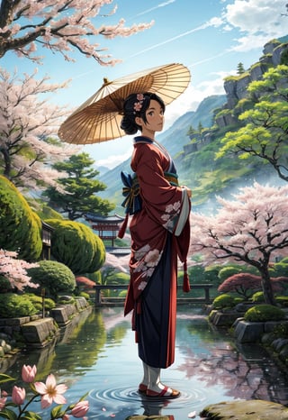 (masterpiece, best quality:1.4), (intricate, 8k, uhd), (realistic), (sharp focus), (extremely detailed), Ghibli,Miyazaki, anime, edo period, natural lighting, from front, full body,

A Japanese peasant woman, gracefully situated in the picturesque landscapes of that era. 32 years old, (smile:0.6), her black hair impeccably styled, adorned with traditional hair accessories, reflecting the cultural nuances of the time. She wears a meticulously crafted kimono, a symbol of both modesty and sophistication. The character's deep brown eyes exude a sense of cultural pride and resilience. Authentic features capture the beauty and grace of Edo period life.

Surrounded by meticulously tended gardens, traditional tea houses, and the distant silhouette of Mount Fuji. the sky is a clear blue. The style is inspired by Studio Ghibli's Hayao Miyazaki.

The character may be engaged in a traditional task such as tending to a tea ceremony, arranging flowers, or strolling along a tranquil pathway. The soft sunlight filters through the branches of cherry blossom trees, casting a subtle glow over the scene.
,best quality