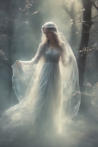 (masterpiece, best quality:1.4), (extremely detailed, 8k, uhd), fantasy art, natural lighting, ultra highres, dark yet benevolent forest setting, mysterious lighting, (transparent, ethereal, benevolent:1.2), (sharp focus:1.3), 1character, the Gentle Ghost, a transparent and kind female spirit, brunette, cute, (transparent:2.3), veil, (veil on face:1.3), gentle, peacefully haunting a dark yet benevolent forest, (gentle posture, serene expression:1.2), (detailed features, ethereal presence:1.8), (soft and kind eyes, stare into space:1.3), (surrounded by the subtle glow of fireflies and other ghostly elements:1.8), (floating stance:1.5), (soft moonlight filtering through the trees:1.6), (flowing, ethereal garments:1.3), intricate details, (depth of field, tranquil atmosphere), nighttime, enchanting forest, detailed background, fantasy art, hyper-detailed,ice and water