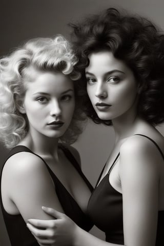 (((Iconic two woman 1950s age style but extremely beautiful)))
(((Black and blonde messy curly hair long)))
(((Chiaroscuro bright Solid colors background)))
(((masterpiece,minimalist,epic,
hyperrealistic,photorealistic)))
(((view profile,view detailed,
dutch_angle)))
(((Monochrome light solid colors)))
(((Annie Leibovitz style, by Diane Arbus style)))