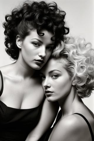 (((Iconic two woman 1950s age style but extremely beautiful)))
(((Black and blonde messy curly hair long)))
(((Chiaroscuro bright Solid colors background)))
(((masterpiece,minimalist,epic,
hyperrealistic,photorealistic)))
(((view profile,view detailed,
dutch_angle)))
(((Monochrome light solid colors)))
(((Annie Leibovitz style, by Diane Arbus style)))