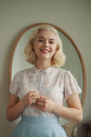 ((( 1950s age style)))
(((gorgeous nordic looking in a mirror, in a large room)))
(((,dutch_angle,full body shot)))
(((retro environment,melancholic tone,charming light,dramatic contrast between light and dark,pastel colors:1.2)))
(((hasselblad 70mm camera films))) 
(((beautiful smile, open mouth, happy, laughter)))
(((white wavy hair)))
((( bob_curt hair, short hair)))
(((dappled sunlight,elegant,
the theme of rainbow,cinematic lighting,rainbow like radiance,rich emotional)))
cinematic moviemaker style,dripping paint
