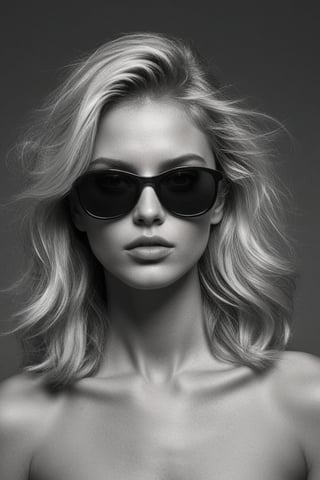 (((Iconic illustration 1980s age style but extremely beautiful)))
(((blonde hair with sunglasses)))
(((Chiaroscuro Solid colors background)))
(((masterpiece,minimalist,epic,
hyperrealistic,photorealistic)))
(((view profile,view detailed )))
(((Monochrome solid colors)))(((Annie Leibovitz style)))