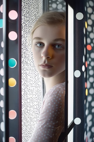 girl looks out of a window, in the style of conceptual light sculptures, polka dots, fashion photography, opaque resin panels, luminous shadows, close-up