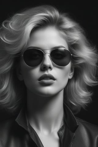 (((Iconic illustration 1980s age style but extremely beautiful)))
(((blonde hair with sunglasses)))
(((Chiaroscuro Solid colors background)))
(((masterpiece,minimalist,epic,
hyperrealistic,photorealistic)))
(((view profile,view detailed )))
(((Monochrome solid colors)))(((Annie Leibovitz style)))