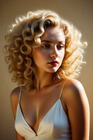 (((Iconic extremely beautiful)))
(((Blonde curly Hair shot)))
(((delicate interplay of light and shadow, artistic expression, emotional resonance, symmetry,minimalistic)))
(((1950s age style)))
(((Sun-drenched light colors background)))
(((View zoom,view detailed,view 
 Profile,wide angle))) 
(((by Alfred hitchcock style,by caravaggio style))),cinematic style