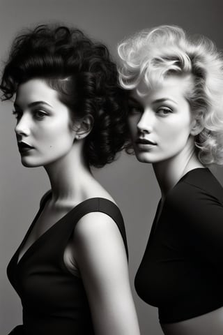 (((Iconic two woman 1950s age style but extremely beautiful)))
(((Black and blonde messy curly hair long)))
(((Chiaroscuro bright Solid colors background)))
(((masterpiece,minimalist,epic,
hyperrealistic,photorealistic)))
(((view profile,view detailed,
dutch_angle)))
(((Monochrome light solid colors)))
(((Annie Leibovitz style, by Diane Arbus style)))