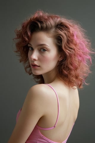 (((Iconic 1950s age style but extremely beautiful)))
(((messy curly hair long)))
(((Chiaroscuro bright Solid colors background)))
(((masterpiece,minimalist,epic,
hyperrealistic,photorealistic)))
(((view profile,view detailed,
dutch_angle)))
(((Monochrome pink solid colors)))
(((Annie Leibovitz style, by Diane Arbus style)))