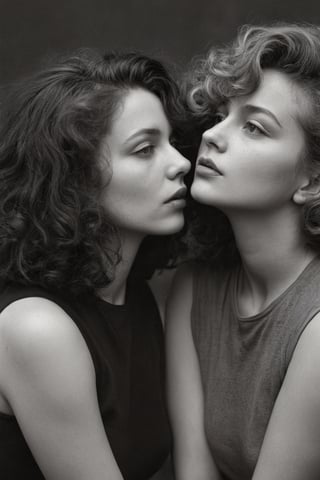 (((Iconic two woman 1950s age style but extremely beautiful)))
(((messy curly hair long)))
(((Chiaroscuro bright Solid colors background)))
(((masterpiece,minimalist,epic,
hyperrealistic,photorealistic)))
(((view profile,view detailed,
dutch_angle)))
(((Monochrome light solid colors)))
(((Annie Leibovitz style, by Diane Arbus style)))