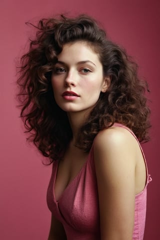 (((Iconic 1950s age style but extremely beautiful)))
(((messy curly hair long)))
(((Chiaroscuro bright Solid colors background)))
(((masterpiece,minimalist,epic,
hyperrealistic,photorealistic)))
(((view profile,view detailed,
dutch_angle)))
(((Monochrome pink solid colors)))
(((Annie Leibovitz style, by Diane Arbus style)))
