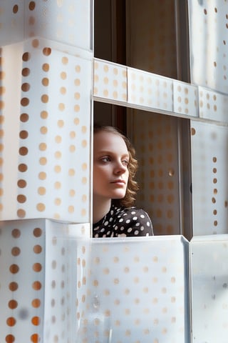 girl looks out of a window, in the style of conceptual light sculptures, polka dots, imaginative prison scenes, fashion photography, opaque resin panels, luminous shadows, close-up