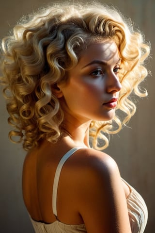 (((Iconic extremely beautiful)))
(((Blonde curly Hair shot)))
(((delicate interplay of light and shadow, artistic expression, emotional resonance, symmetry,minimalistic)))
(((1950s age style)))
(((Sun-drenched light colors background)))
(((View zoom,view detailed,view 
 Profile,wide angle))) 
(((by Alfred hitchcock style,by caravaggio style))),cinematic style