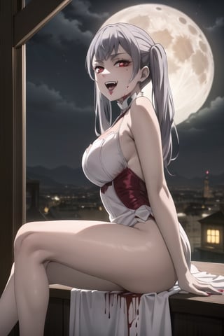 Highly detailed, High quality, Masterpiece, Beautiful, high detailed, high detailed background, (long shot), scenary, city, night sky, full moon, Anime, one girl, solo, night white dress, bare shoulders, high heels, leg slit dress, slim, big breasts, smile, open mouth, vampire fangs, vampiric, blood dripping from mouth, red eyes, red lips, expressionless, red lips, looking_at_viewer, arms at sides, sexy vampire girl, noelle_silva, silver hair, twintails, bangs,Vampire, close up, viewed_from_side,sitting