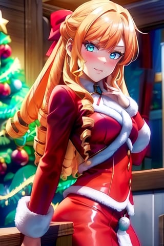 ultra detailed, masterpiece, best quality, solo, blushing, drill hair, hair bow, blue eyes, bow, blonde hair, long hair,drill hair,look at viewer, 1girl, medium breasts,  mature girl, christmas scenery, Santa Claus,fantasy00d,ClaireFran