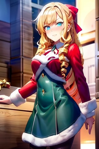 ultra detailed, masterpiece, best quality, solo, blushing, drill hair, hair bow, blue eyes, bow, blonde hair, long hair,drill hair,look at viewer, 1girl, medium breasts,  mature girl, christmas scenery, Santa Claus,fantasy00d,ClaireFran
