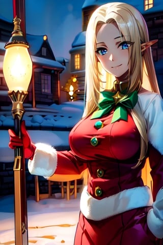ultra detailed, masterpiece, best quality, solo, soft smile, light smile, look at viewer, 
1girl, elf, blonde hair, blue eyes, large breasts,  mature girl,  christmas scenery, Santa Claus,fantasy00d,alpha